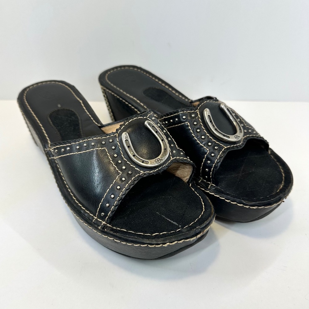 Ariat Black Leather Horseshoe Platform Slide Sandals Western Wedge Mules 9.5B